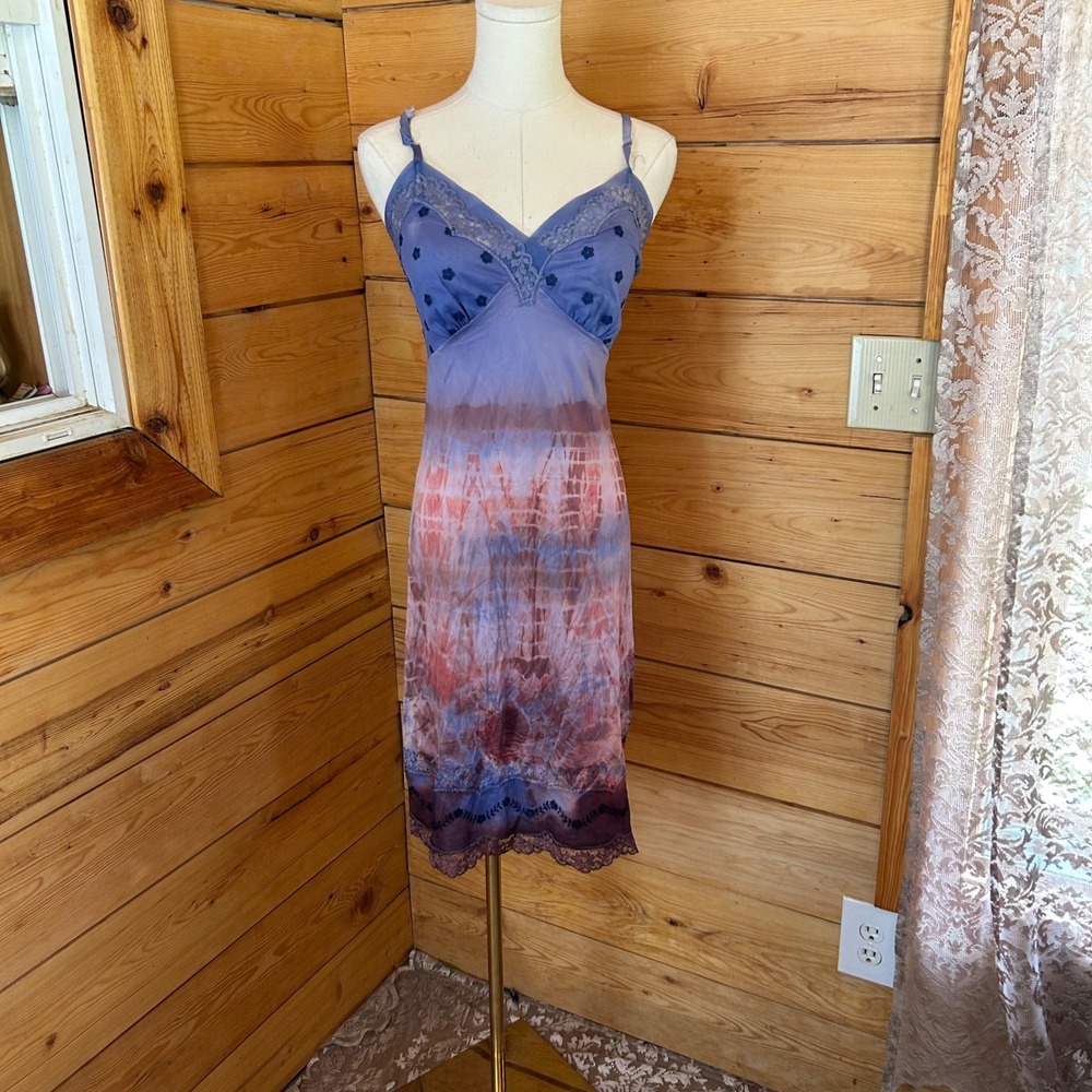 Vintage Slip Dress Womens Size 34 Purple Tie Dye Lace Grunge Fairy Goth Kayser